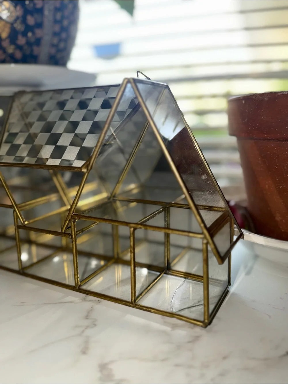 Vintage MCM Glass and Brass Tiered House Trinket Shelf - Gold